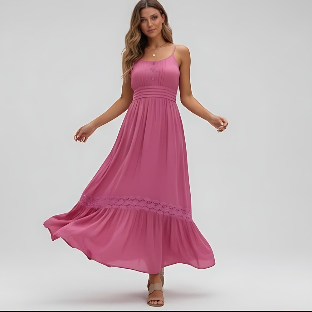 Boho Shirred Ruffle Lace Hem Maxi Dress Pink - Picture 4 of 9